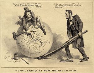 A political cartoon of Andrew’s day shows Vice President Andrew Johnson sitting atop a globe, attempting to stitch together the map of the United States with needle and thread. Abraham Lincoln stands, right, using a split rail to position the globe. Johnson warns, “Take it quietly Uncle Abe and I will draw it closer than ever!!” while Lincoln commends him “A few more stitches Andy and the good old Union will be mended!” 